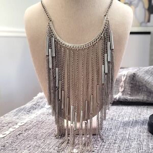 Bib Style Elegant Silver Tone Fringe Necklace